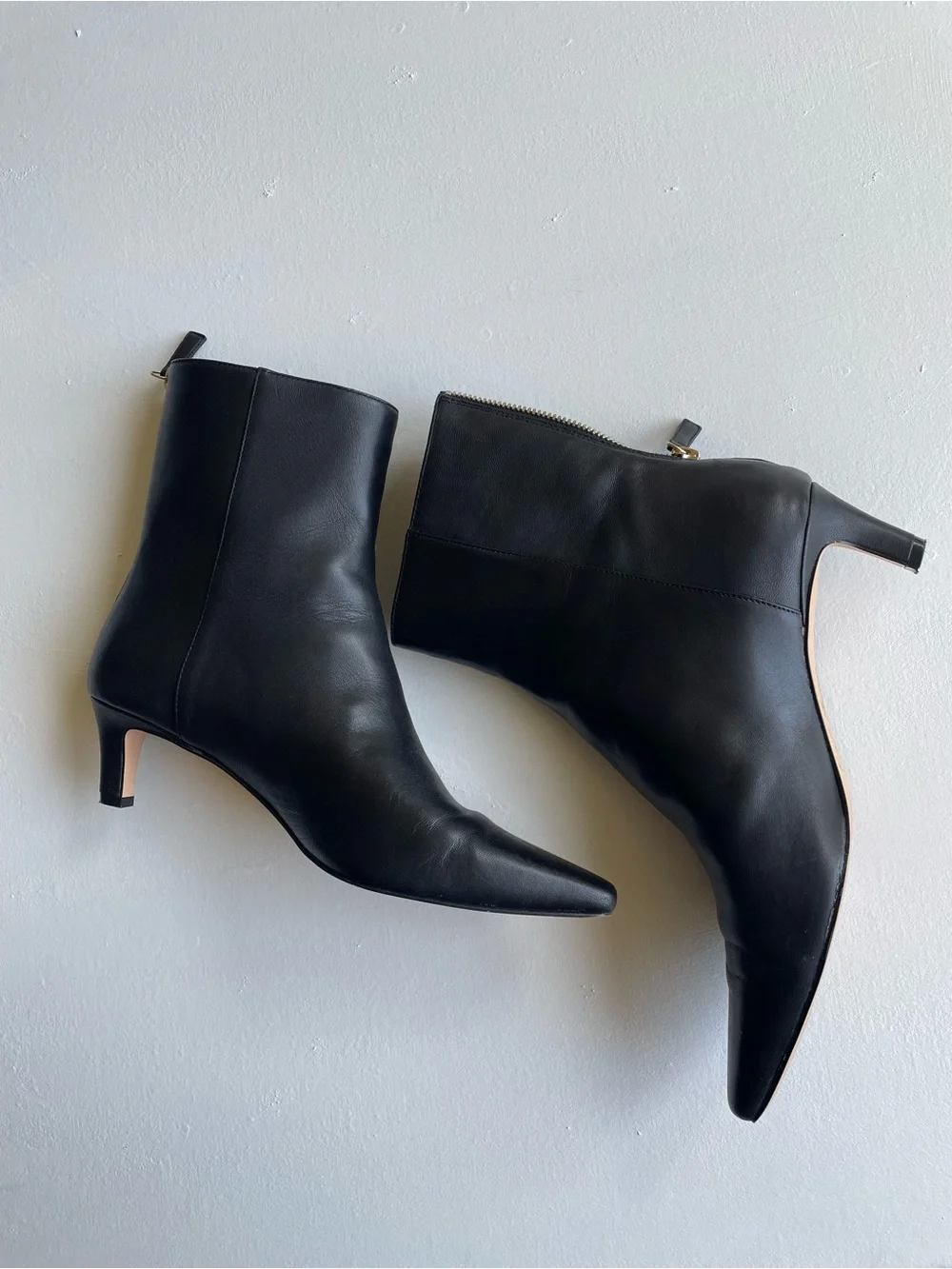 J. Crew Black Leather Pointed Ankle Boot with Low Kitten Heel